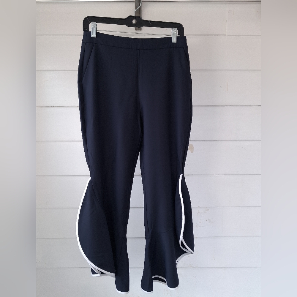 Zara Navy M Ruffle Hem Pants Contrast Piping Flare Trousers Coquette Nautical